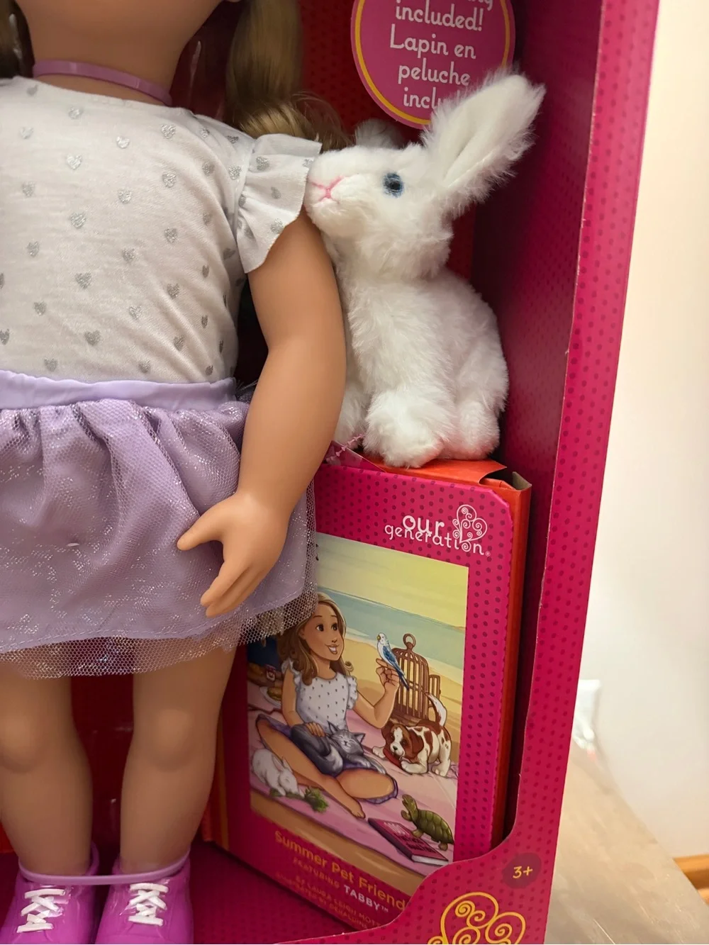 Our Generation Tabby Doll in Lavender Skirt with White Top and Plush Bunny